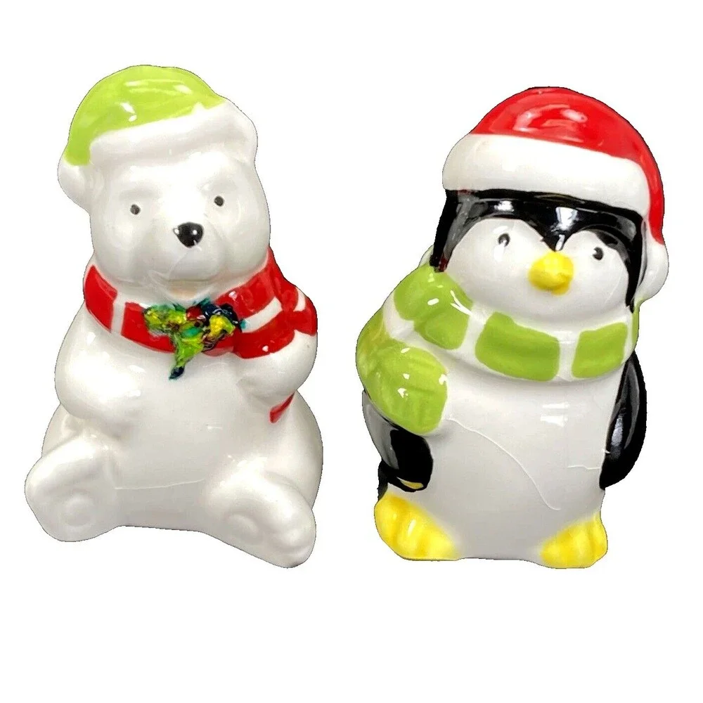 Polar Bear Penguin Salt and Pepper Shakers NEW Ceramic 3 in Christmas Hat Scarf